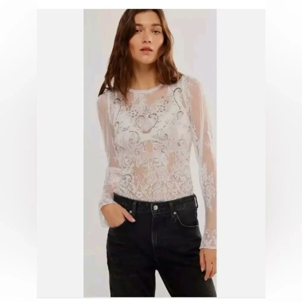 FREE PEOPLE Intimately Bodysuit White Embellished Lace Mesh Sheer Sz Small